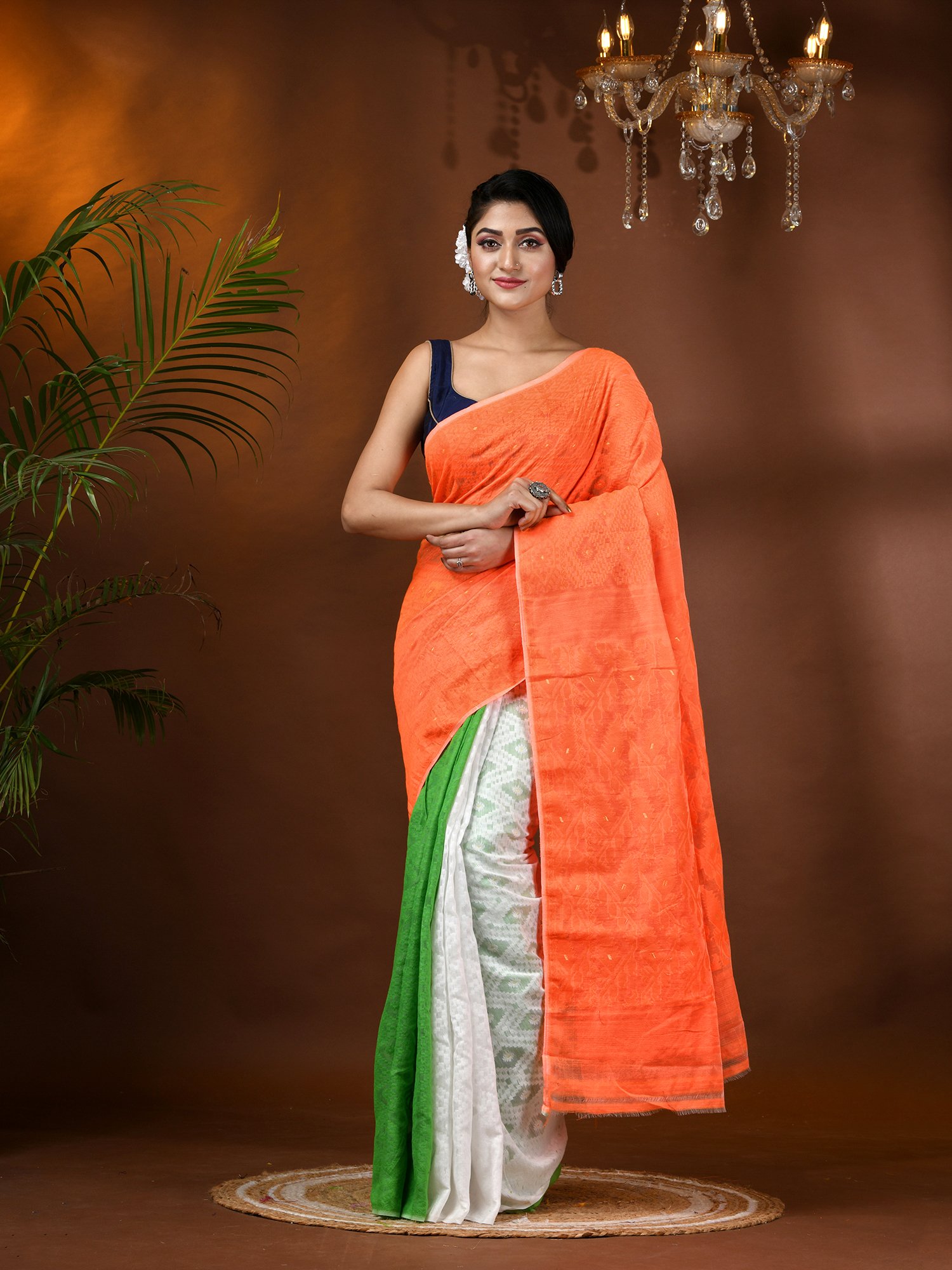 Cotton Handloom Jamdani Saree With Blouse Piece (Tri Color Orange White Green)